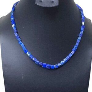 Vintage Lapis Lazuli Rectangle Square Bead Necklace Gemstone Brass Clasp 15"